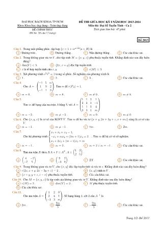 Đề thi giữa học kỳ môn Đại số tuyến tính - Ca 2 - Đề 2013 - Năm học 2013-2014 - Đại học Bách khoa thành phố Hồ Chí Minh (Có đáp án)