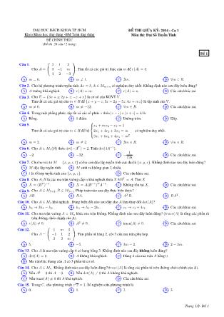 Đề thi giữa học kỳ môn Đại số tuyến tính năm 2014 - Ca 1 - Đề 1 - Đại học Bách khoa thành phố Hồ Chí Minh (Có đáp án)