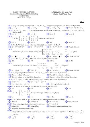 Đề thi giữa học kỳ môn Đại số tuyến tính năm 2014 - Ca 2 - Đề 1 - Đại học Bách khoa thành phố Hồ Chí Minh (Có đáp án)