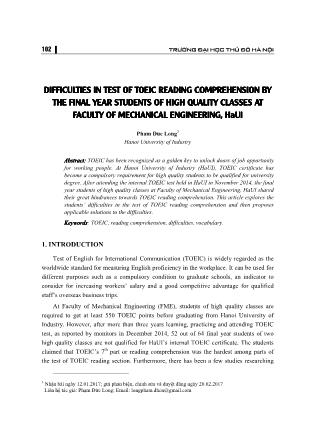 Difficulties in test of Toeic reading comprehension by the final year students of high quality classes at faculty of mechanical engineering, HaUI