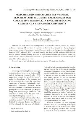 Matches and mismatches between EFL teachers’ and students’ preferences for corrective feedback in English speaking classes at a Vietnamese University