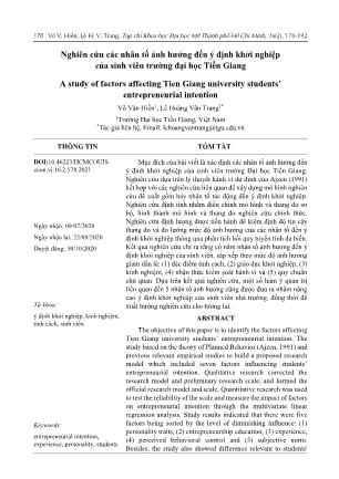 Nghiên cứu các nhân tố ảnh hưởng đến ý định khởi nghiệp của sinh viên trường Đại học Tiền Giang