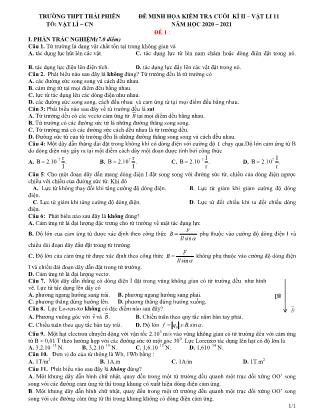 5 Đề minh họa kiểm tra cuối học kỳ II môn Vật lý Lớp 11 - Năm học 2020-2021 - Trường THPT Thái Phiên