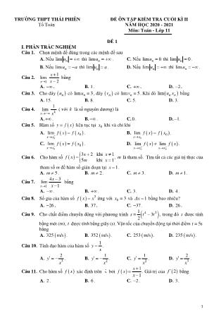 5 Đề ôn tập kiểm tra học kỳ II môn Toán 11 - Năm học 2020-2021 - Trường THPT Thái Phiên