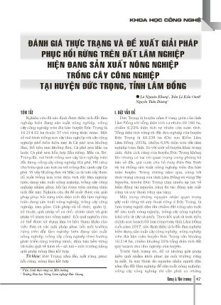 Đánh giá thực trạng và đề xuất giải pháp phục hồi rừng trên đất lâm nghiệp hiện đang sản xuất nông nghiệp trồng cây công nghiệp tại huyện Đức Trọng, tỉnh Lâm Đồng