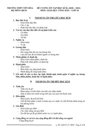 Đề cương ôn tập học kỳ II môn Giáo dục công dân Lớp 10 - Năm học 2020-2021 - Trường THPT Yên Hòa