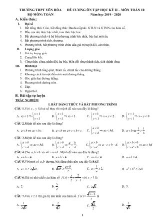 Đề cương ôn tập học kỳ II môn Toán Lớp 10 - Năm học 2019-2020 - Trường THPT Yên Hòa