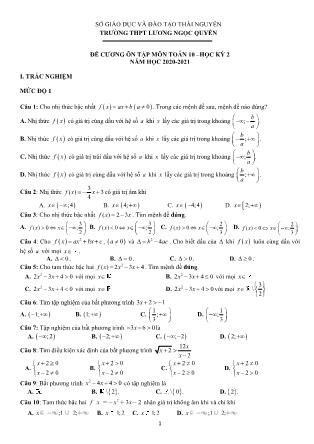 Đề cương ôn tập học kỳ II môn Toán Lớp 10 - Năm học 2020-2021 - Trường THPT Lương Ngọc Quyến