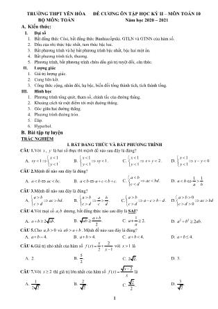 Đề cương ôn tập học kỳ II môn Toán Lớp 10 - Năm học 2020-2021 - Trường THPT Yên Hòa