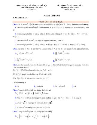 Đề cương ôn tập học kỳ II môn Toán Lớp 12 - Năm học 2020-2021 - Trường THPT Yên Hòa