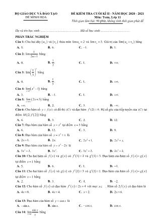 Đề kiểm tra cuối học kỳ II môn Toán Lớp 11 - Năm học 2020-2021
