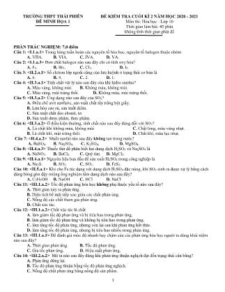 Đề kiểm tra cuối kỳ II môn Hóa học Lớp 10 - Năm học 2020-2021 - Trường THPT Thái Phiên