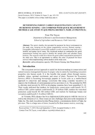 Determining forest carbon sequestration capacity by remote sensing – GIS combined with quick measurement method (Case study in Que Phong district, Nghe An province)