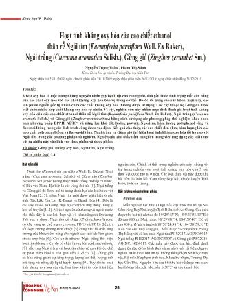 Hoạt tính kháng oxy hóa của cao chiết ethanol thân rễ Ngải tím (Kaempferia parviflora Wall. Ex Baker), Ngải trắng (Curcuma aromatica Salisb.), Gừng gió (Zingiber zerumbet Sm.)