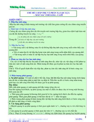 Tài liệu luyện thi THPT Quốc gia môn Vật lý - Chương 7, Chủ đề 3: Hấp thụ và phản xạ lọc lựa – Màu sắc ánh sáng - Laze - Vũ Đình Hoàng